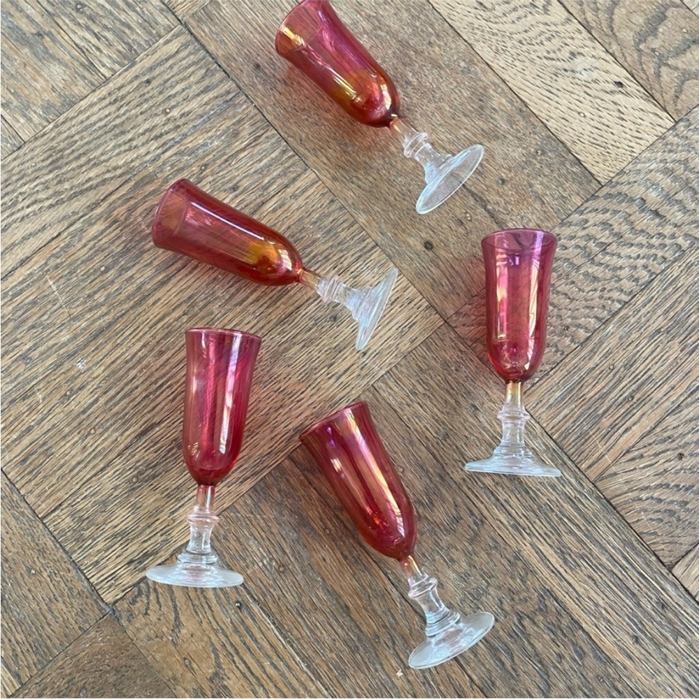 Set of Five Iridescent Red Depression Glasses